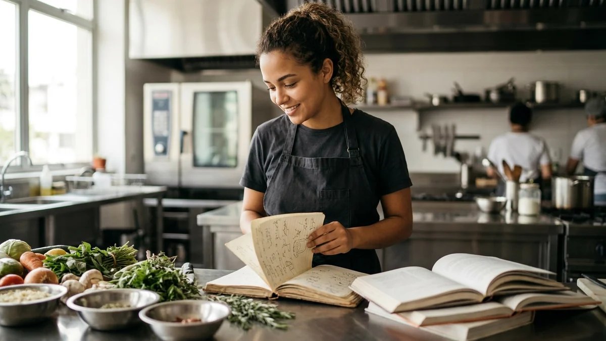 Estudante de gastronomia em cozinha profissional consultando caderno de anotações, com ingredientes frescos e livros ao fundo, ambiente inspirador e organizado