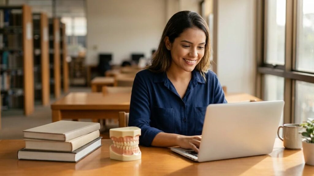 Estudante de odontologia sorrindo enquanto trabalha em temas para TCC de odontologia no laptop, com modelo de dente e livros sobre mesa organizada