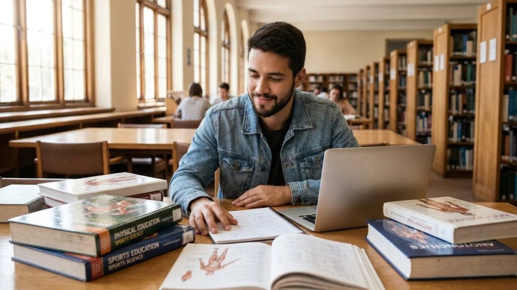 Estudante universitário de Educação Física em biblioteca cercado de livros e notebook, pensando em temas para TCC de Educação Física