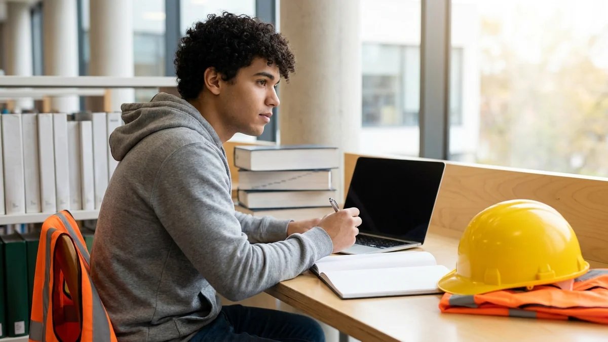 Estudante de segurança do trabalho em ambiente de estudo, pensativo, com capacete e equipamentos de SST ao fundo, planejando seu TCC