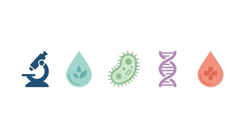 Colagem visual representando diferentes áreas da biomedicina: microscópio, tubos de ensaio, equipamentos de estética, banco de sangue, imagens de exames