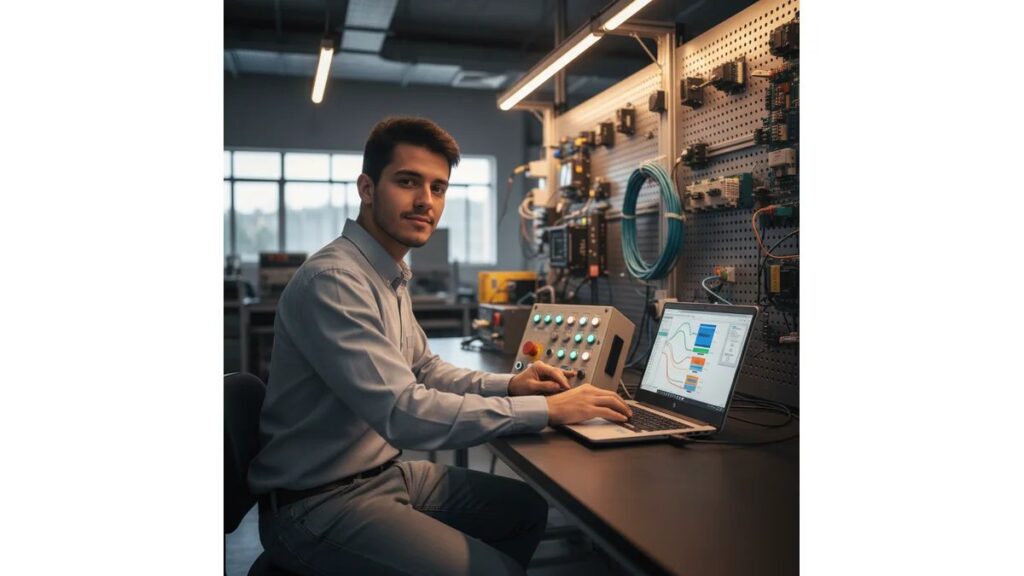 Estudante de engenharia trabalhando com temas para TCC de eletromecânica em laboratório de automação industrial, com CLP e equipamentos modernos