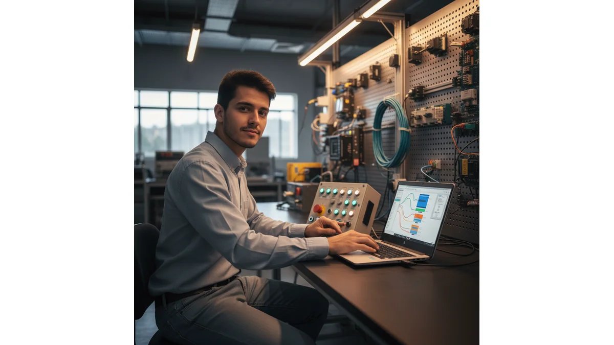 Estudante de engenharia eletromecânica trabalhando em laboratório com equipamentos industriais, CLP e computador com software de automação