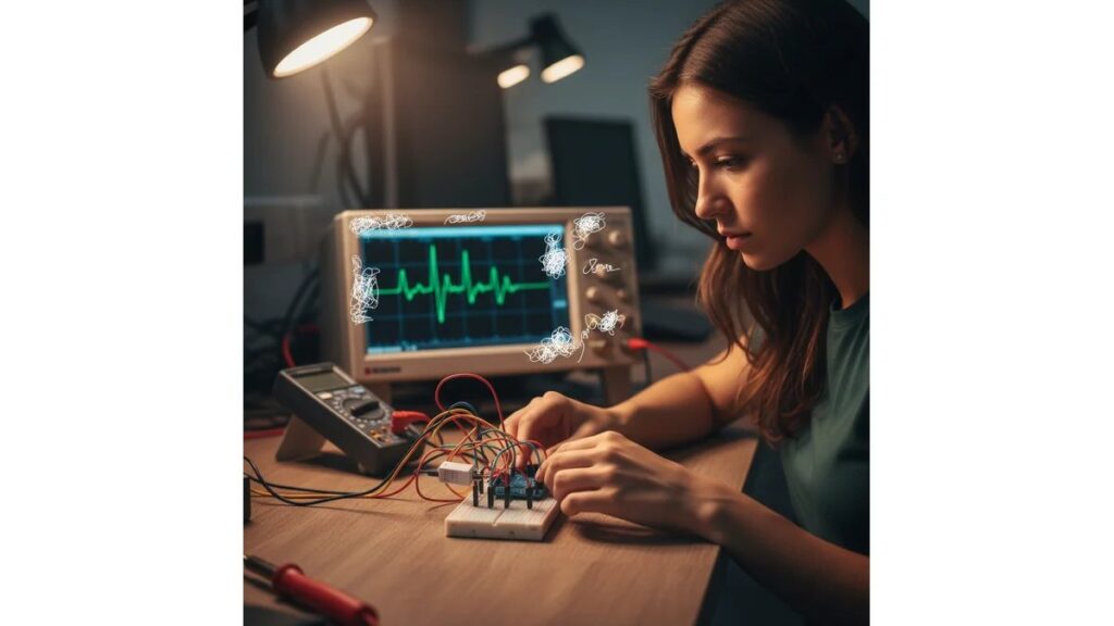 Estudante de engenharia eletrônica trabalhando em bancada de laboratório com Arduino, sensores e osciloscópio, desenvolvendo projeto de TCC com temas para tcc de eletrônica