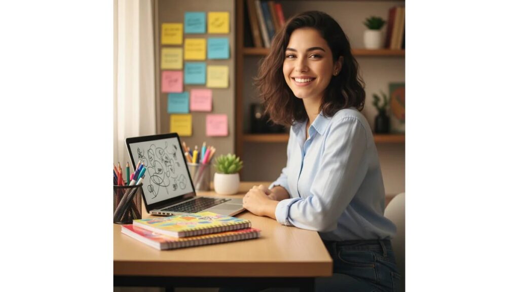 Estudante universitária sorrindo em frente ao computador com cadernos e post-its coloridos sobre mesa organizada, escolhendo temas para TCC de empreendedorismo
