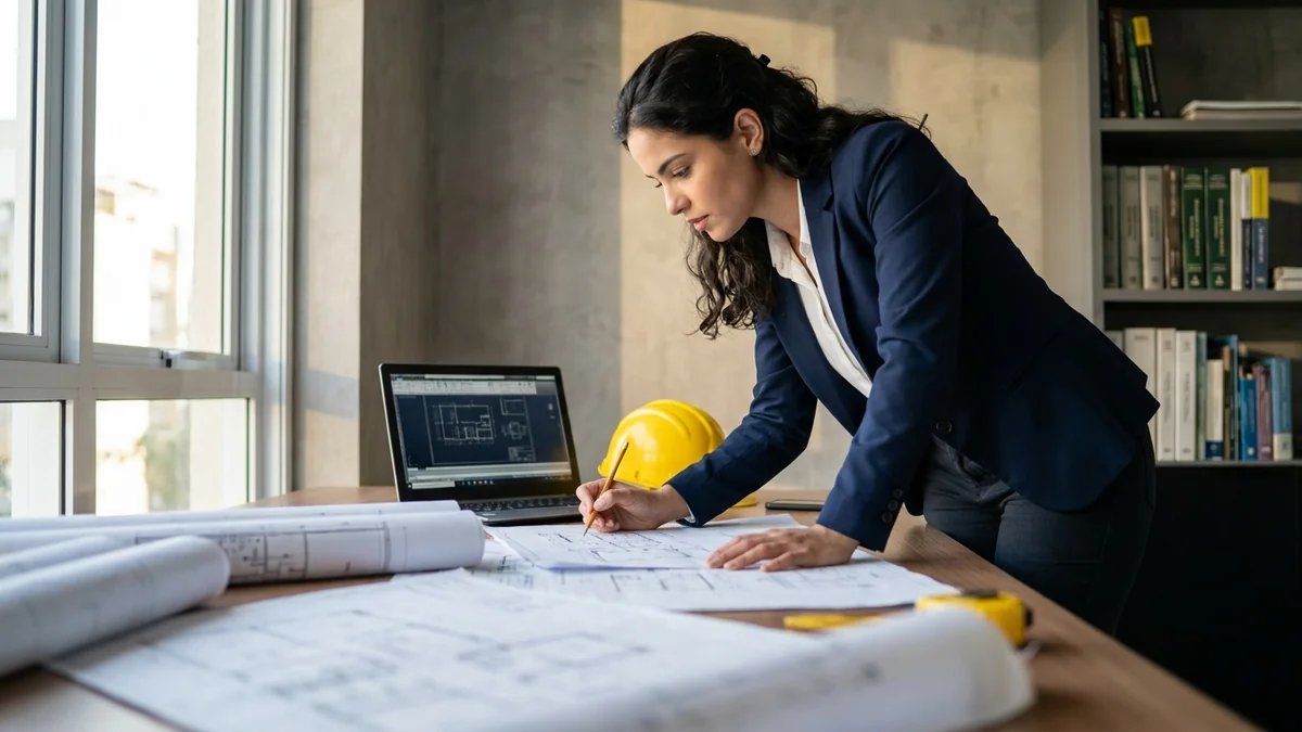 Estudante de engenharia civil analisando plantas e projetos em mesa de trabalho, com capacete de obra ao lado e notebook aberto, ambiente profissional e técnico