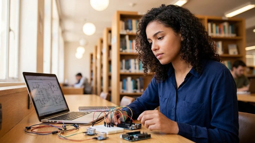 Estudante de engenharia elétrica analisando placa Arduino e componentes eletrônicos em biblioteca universitária para desenvolvimento de temas para TCC de engenharia elétrica