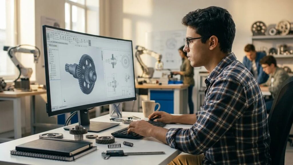 Estudante de Engenharia Mecânica analisando projetos de TCC em software CAD com desenhos técnicos e peças mecânicas sobre a mesa em laboratório universitário moderno