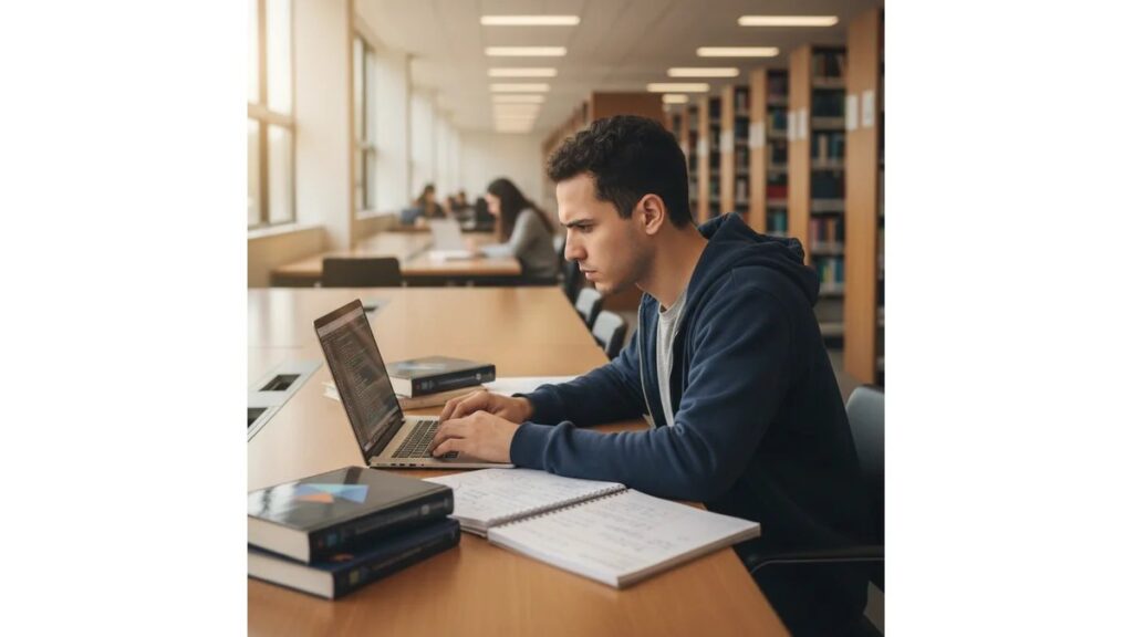 Estudante de informática trabalhando em laptop com códigos na tela, cercado por livros de programação em biblioteca universitária moderna - temas para TCC de informática