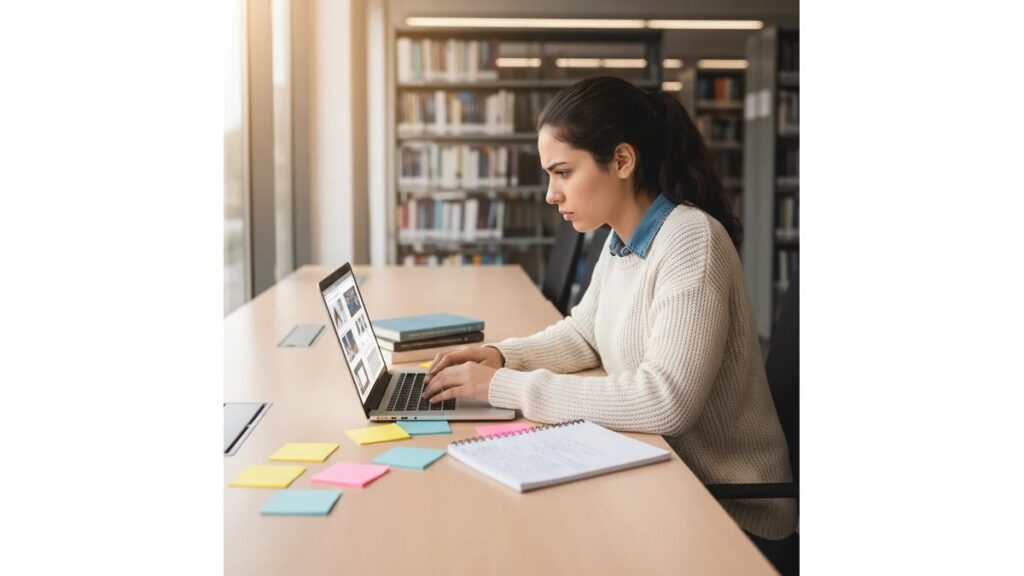 Estudante de jornalismo pesquisando temas para TCC de jornalismo em laptop, com caderno de anotações e post-its organizados sobre mesa de biblioteca moderna