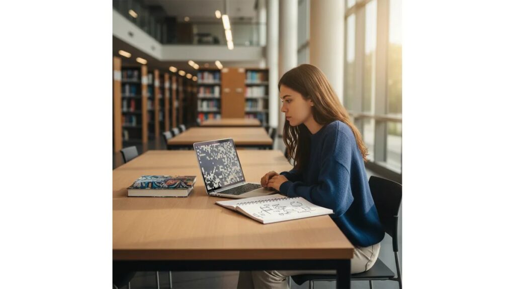 Estudante universitária pesquisando temas para TCC de Recursos Humanos em notebook na biblioteca moderna