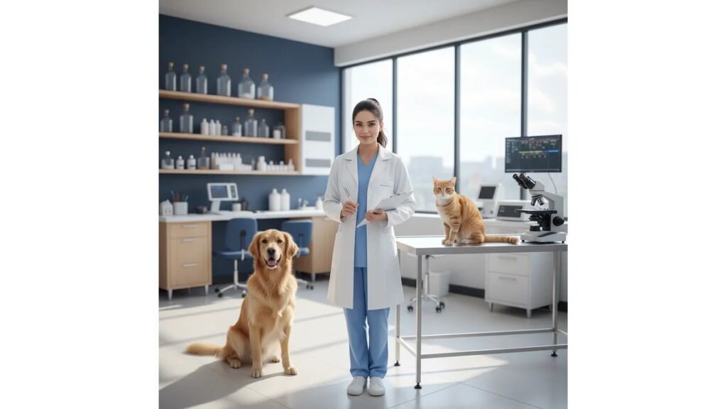 Estudante de veterinária sorridente em jaleco branco segurando prancheta, cercada por cão golden retriever e gato laranja em clínica veterinária moderna, representando temas para TCC de veterinária