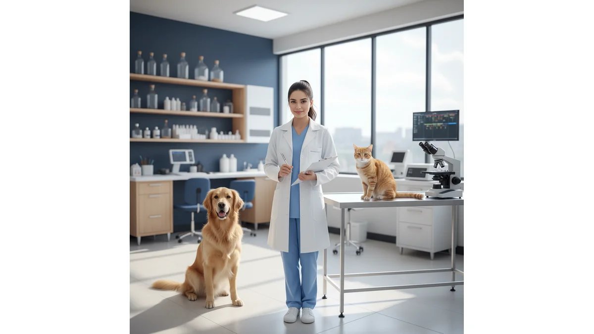 Veterinário sorridente cercado por diferentes animais - cão, gato, ave, bovino - com prancheta na mão, representando a diversidade de áreas da medicina veterinária