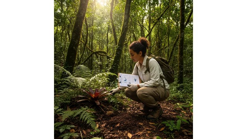 Estudante de Biologia pesquisando em biblioteca universitária, com pilha de livros e laptop aberto