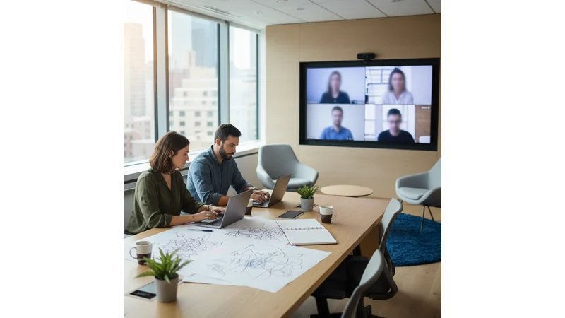 Workspace moderno híbrido mostrando profissionais trabalhando parte presencialmente e parte remotamente através de videoconferência, tecnologia integrada e ambiente colaborativo