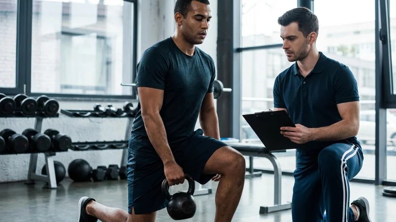 Atleta amador realizando treinamento funcional em academia, personal trainer ao lado com prancheta, equipamentos modernos ao fundo