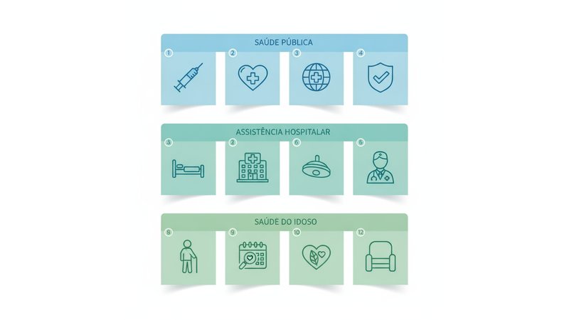 Tabela visual ou infográfico mostrando os 12 temas organizados por área (Saúde Pública, Assistência Hospitalar, Saúde do Idoso). Use ícones e cores para diferenciar cada área.