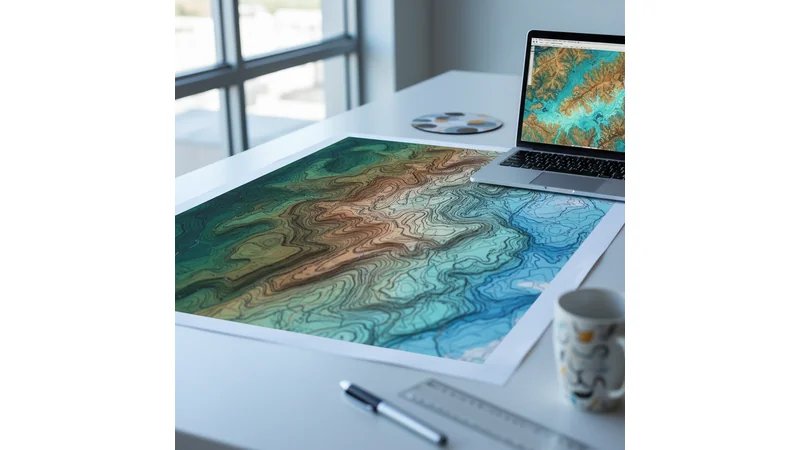 Mapa topográfico com curvas de nível, imagens de satélite e ferramentas de geoprocessamento em tela de computador