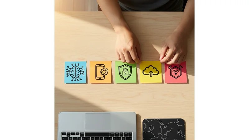 Infográfico mostrando as principais áreas de TCC em Engenharia de Software (IA, Web/Mobile, Segurança, DevOps, IoT) com ícones representativos