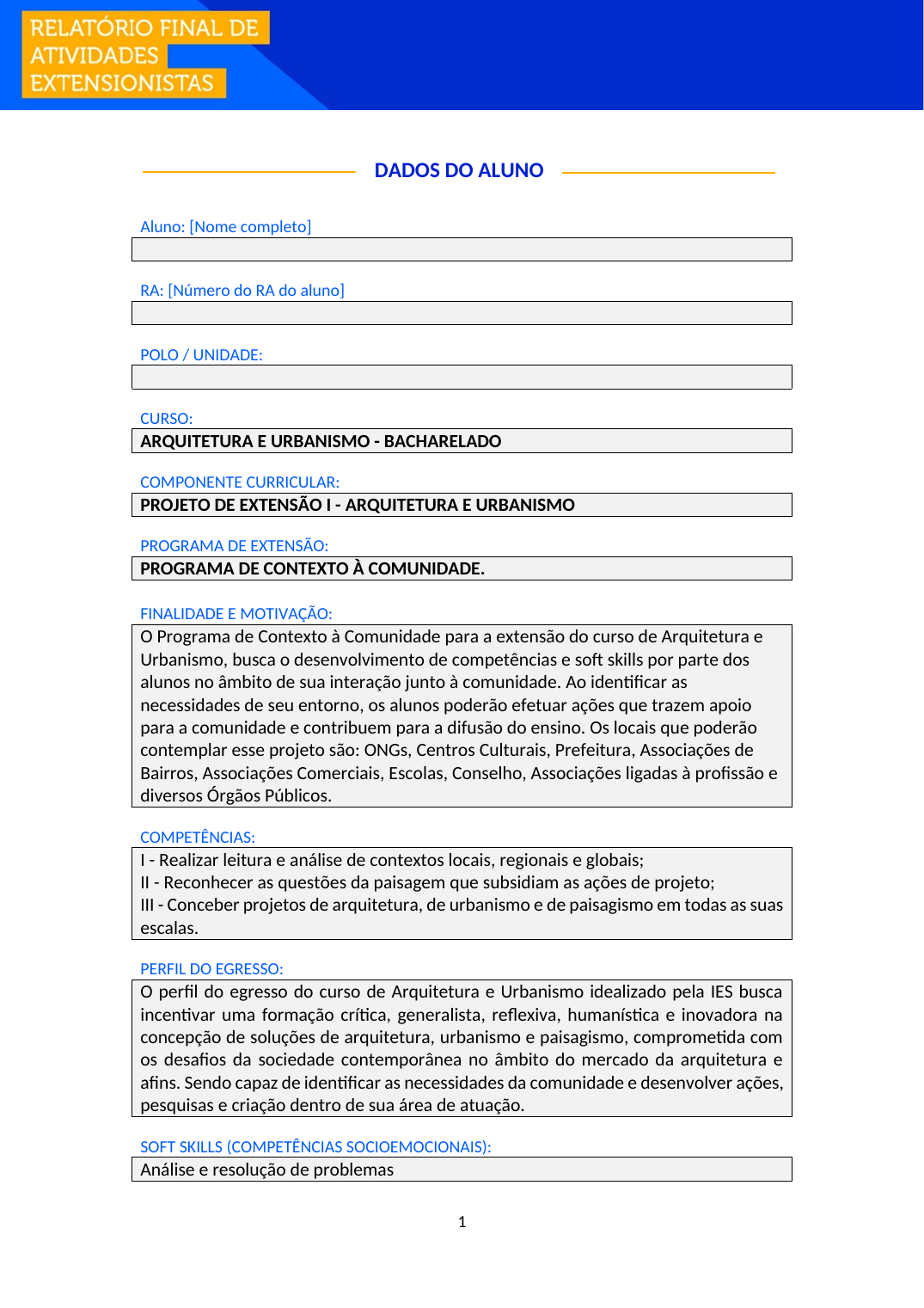 Projeto de Extensão I - Arquitetura e Urbanismo (Bacharelado)
