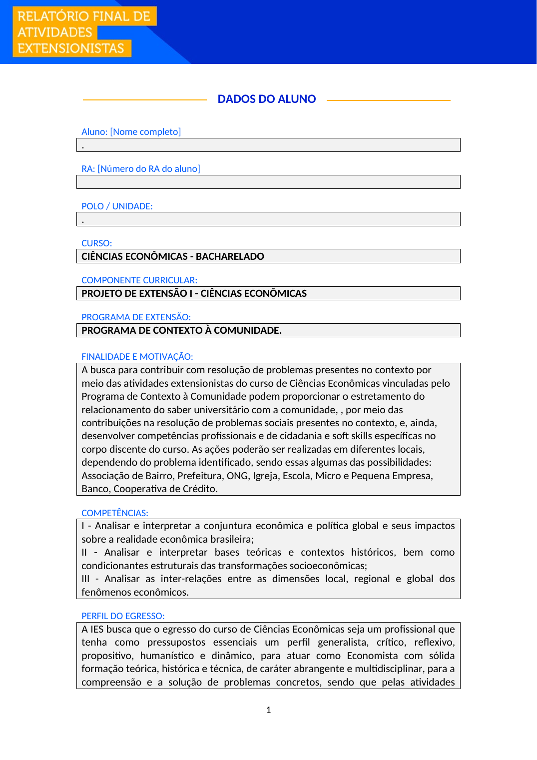 Projeto de Extensão I - Ciências Econômicas (Bacharelado)