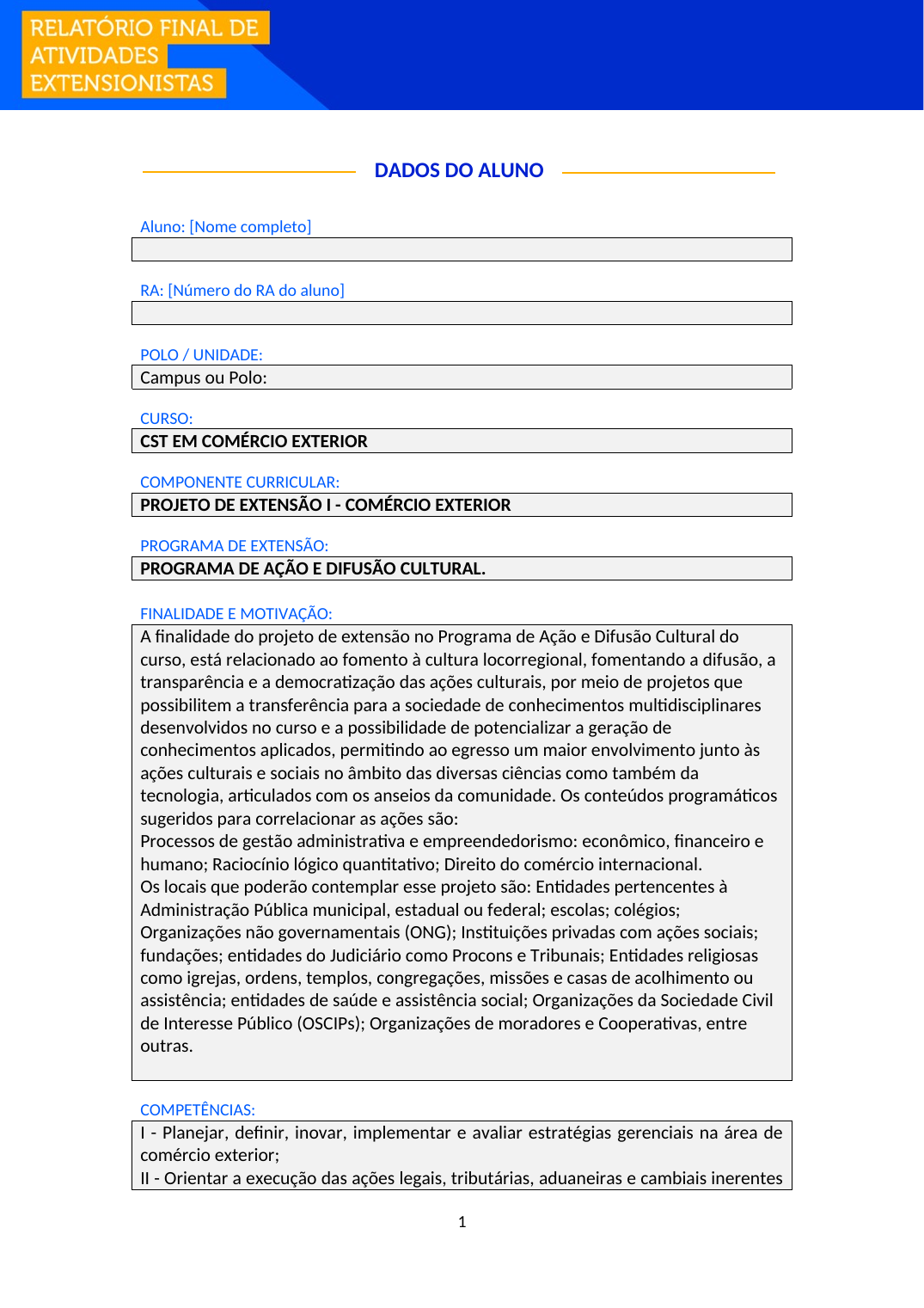 Projeto de Extensão I - Comércio Exterior (Tecnólogo)