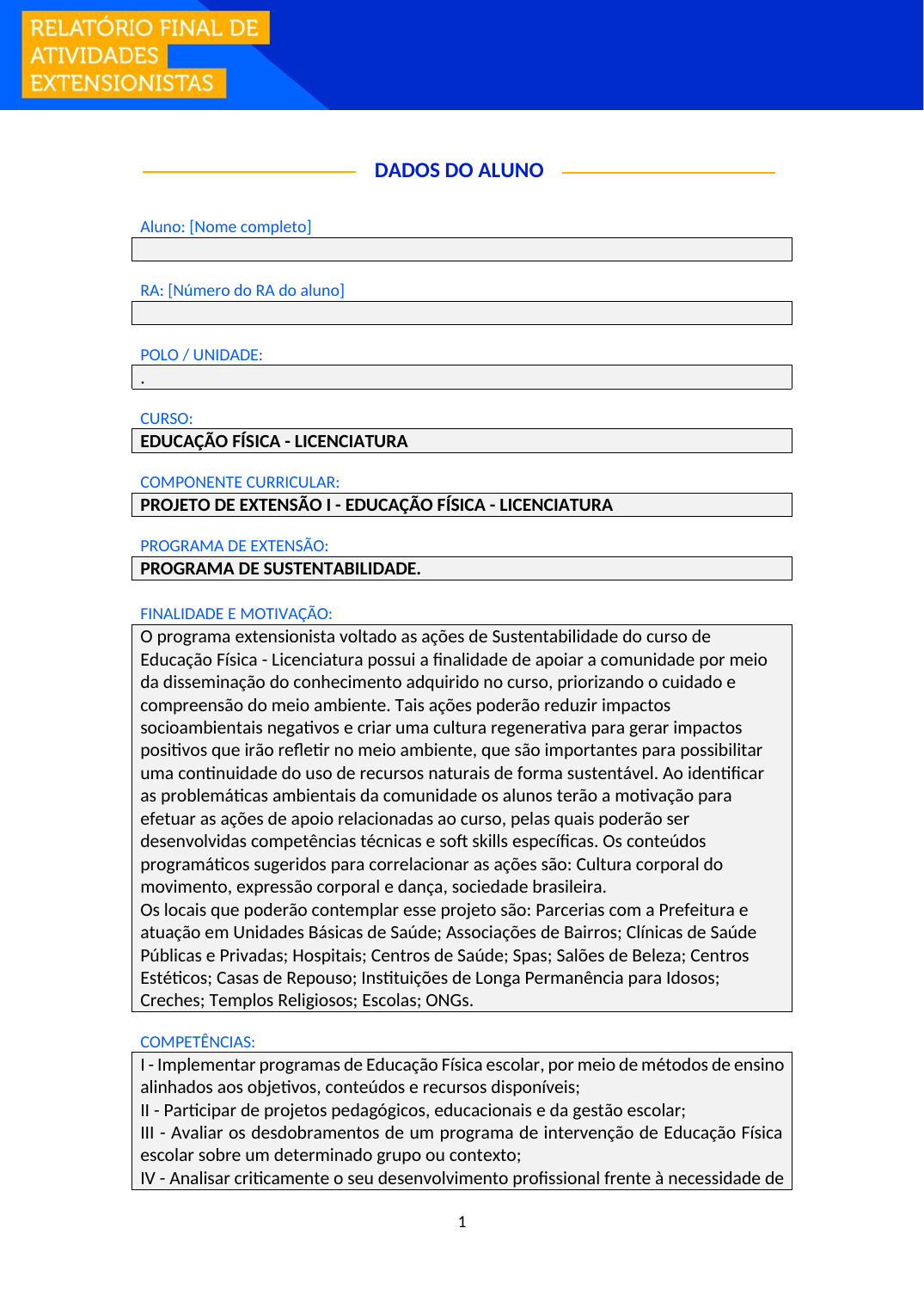 Projeto de Extensão I - Educação Física (Licenciatura)