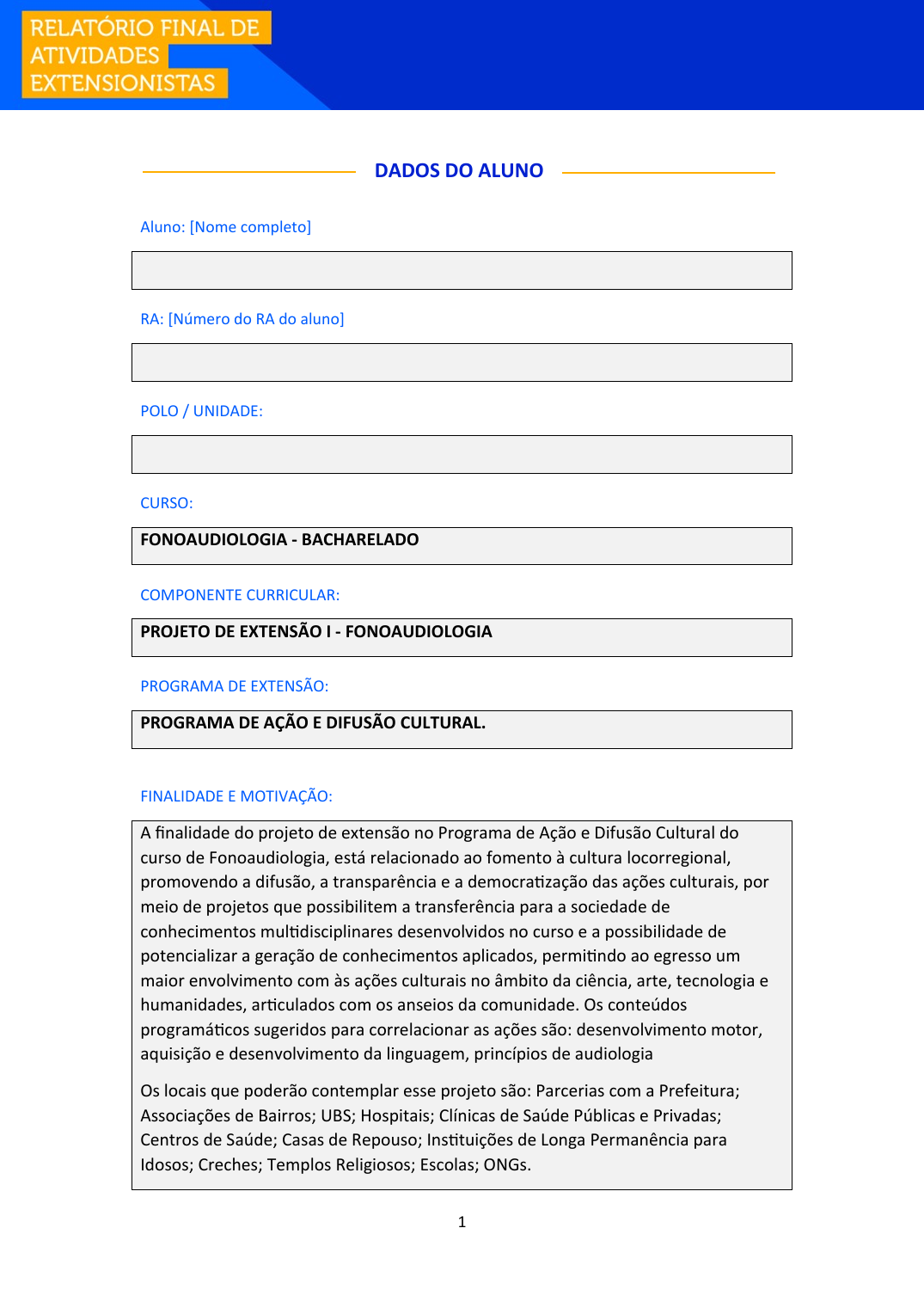 Projeto de Extensão I - Fonoaudiologia (Bacharelado)