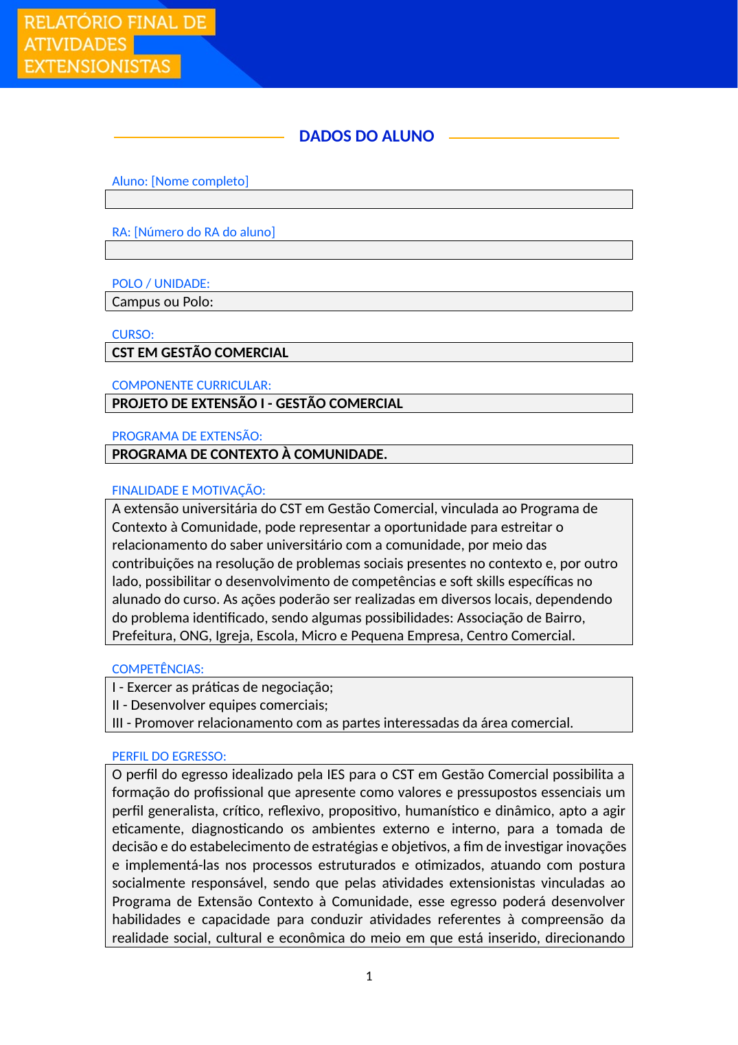 Projeto de Extensão I - Gestão Comercial (Tecnólogo)