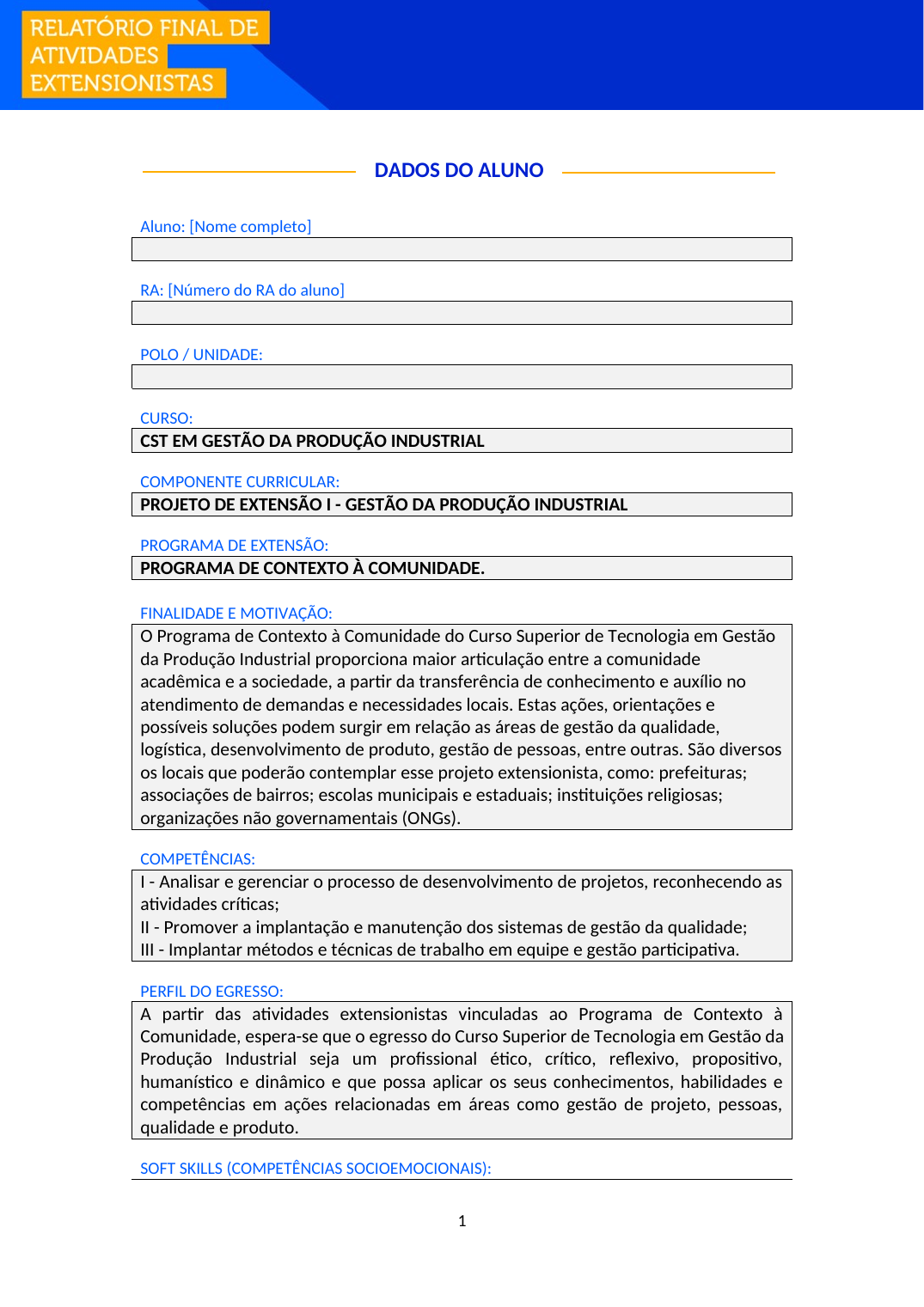 Projeto de Extensão I - Gestão da Produção Industrial (Tecnólogo)