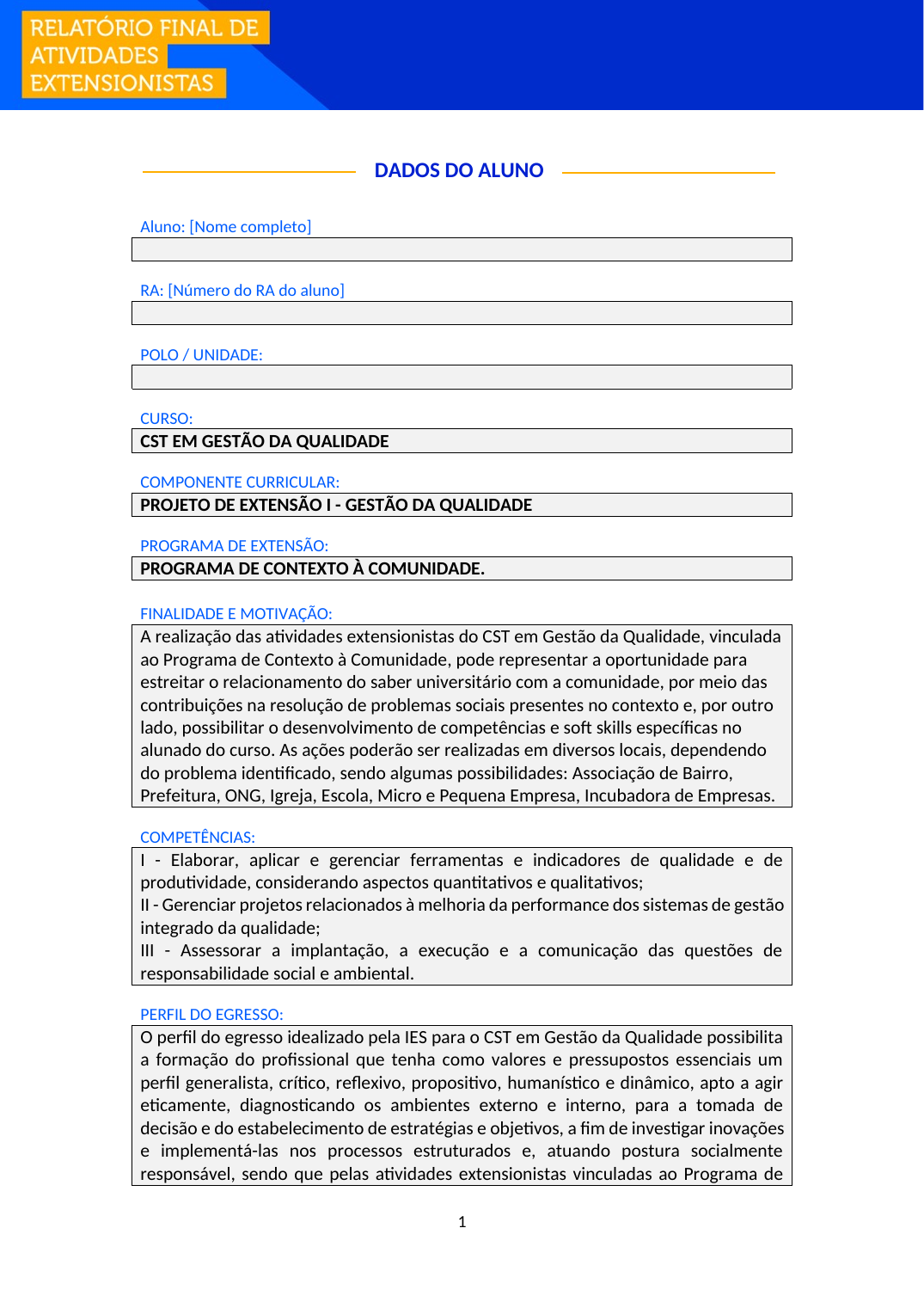 Projeto de Extensão I - Gestão da Qualidade (Tecnólogo)