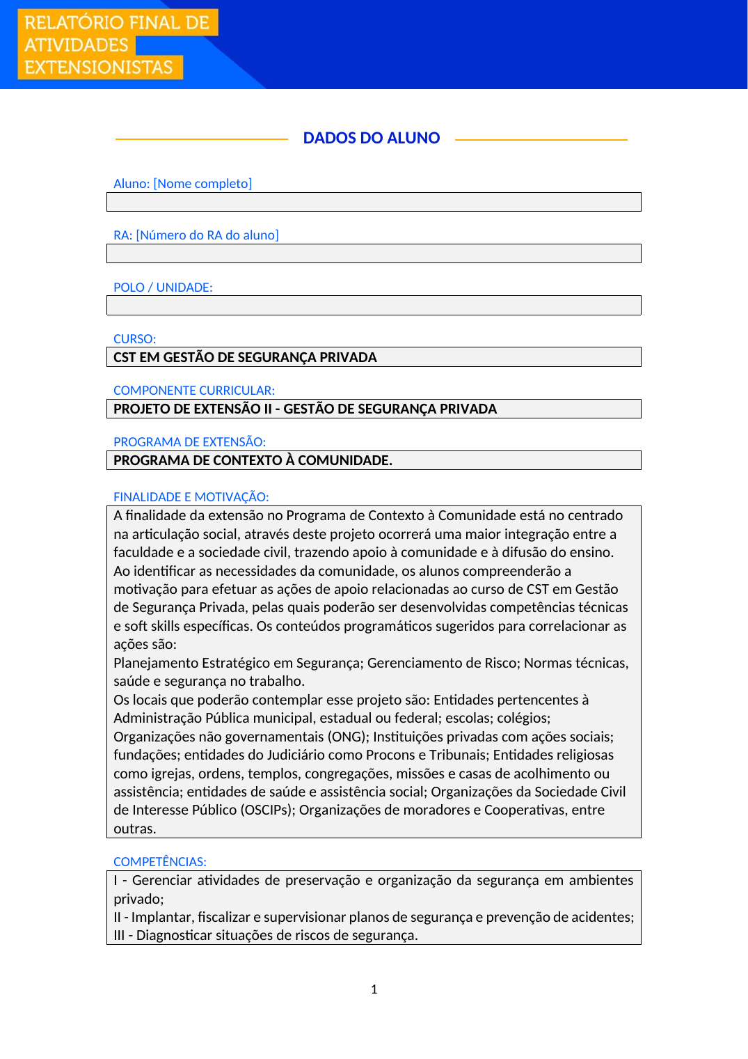 Projeto de Extensão II - Gestão de Segurança Privada (Tecnólogo)