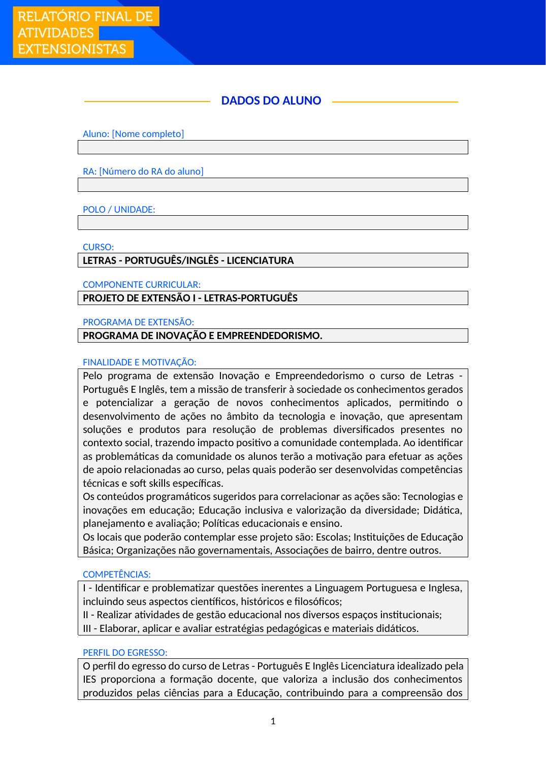 Projeto de Extensão I - Letras - Português/Inglês (Licenciatura)