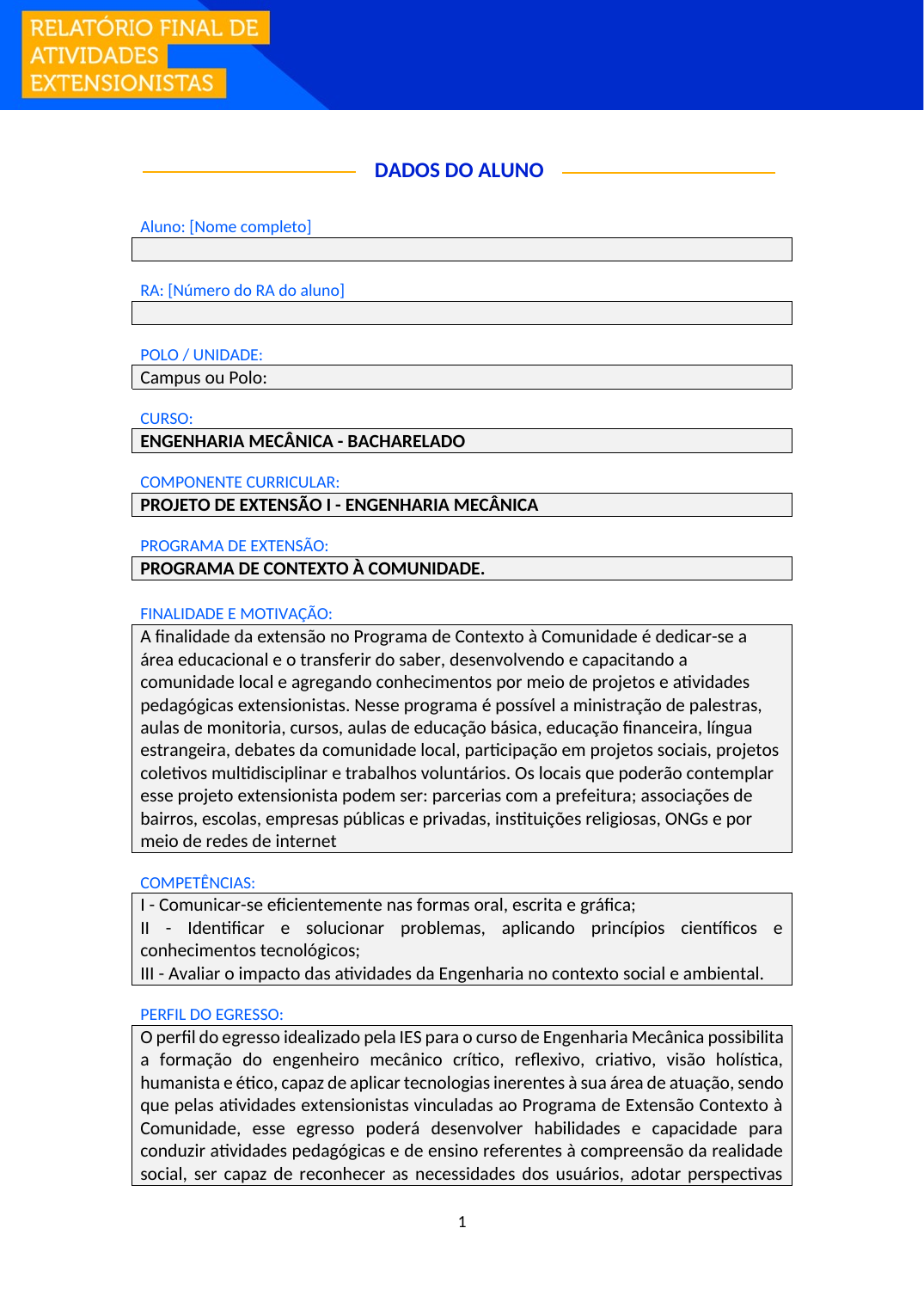 Projeto de Extensão I - Engenharia Mecânica (Bacharelado)