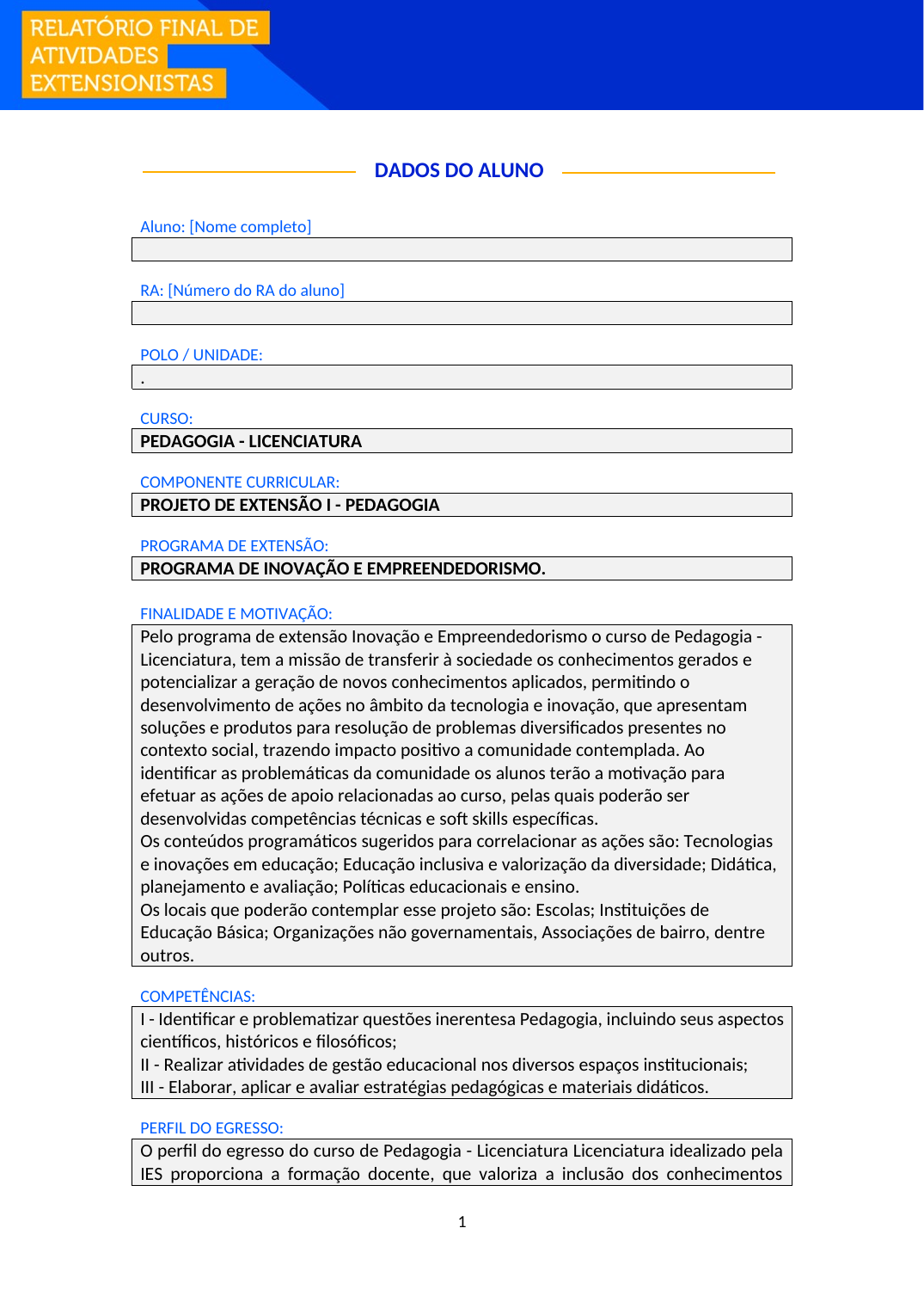 Projeto de Extensão I - Pedagogia (Licenciatura)