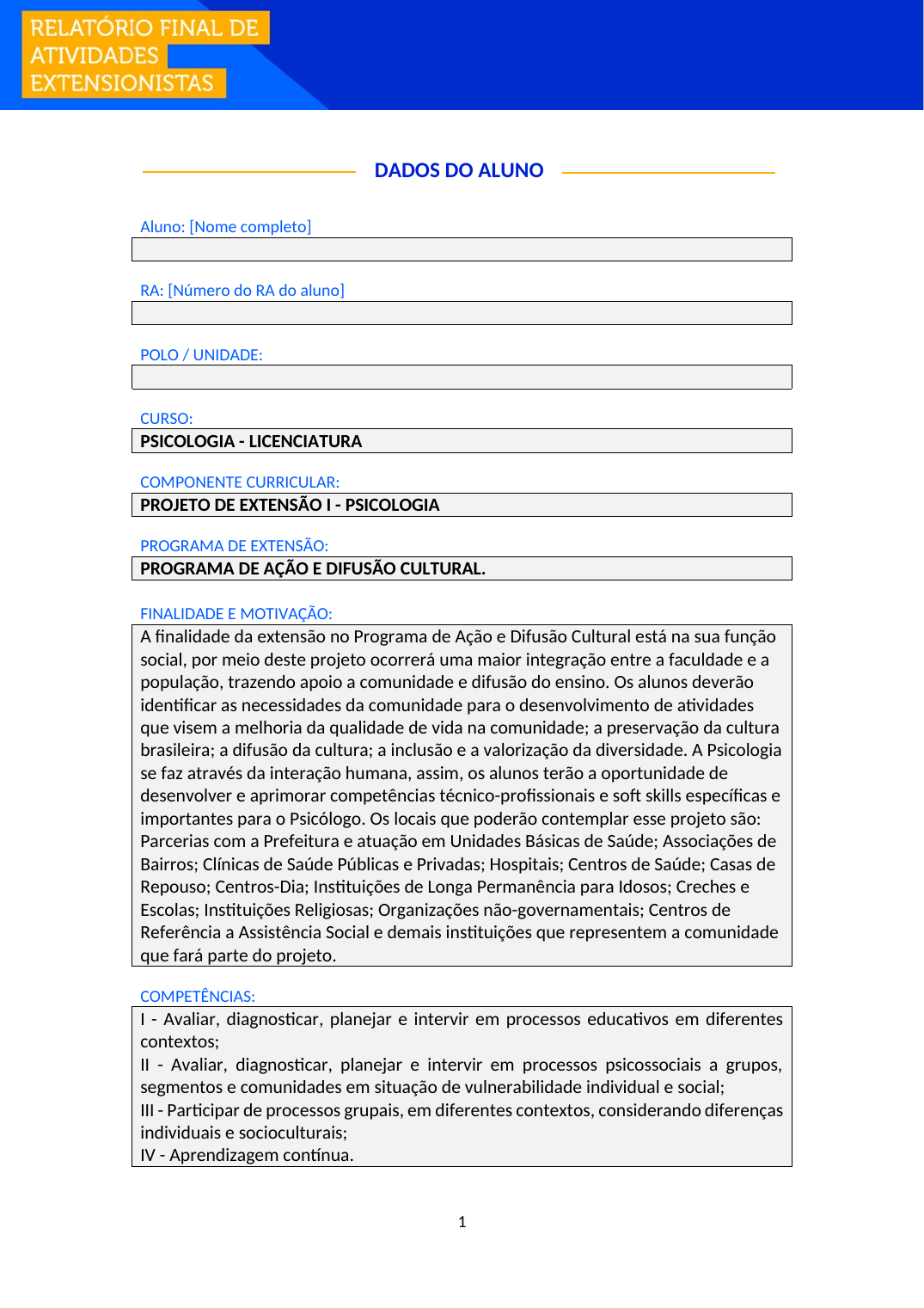 Projeto de Extensão I - Psicologia (Bacharelado)
