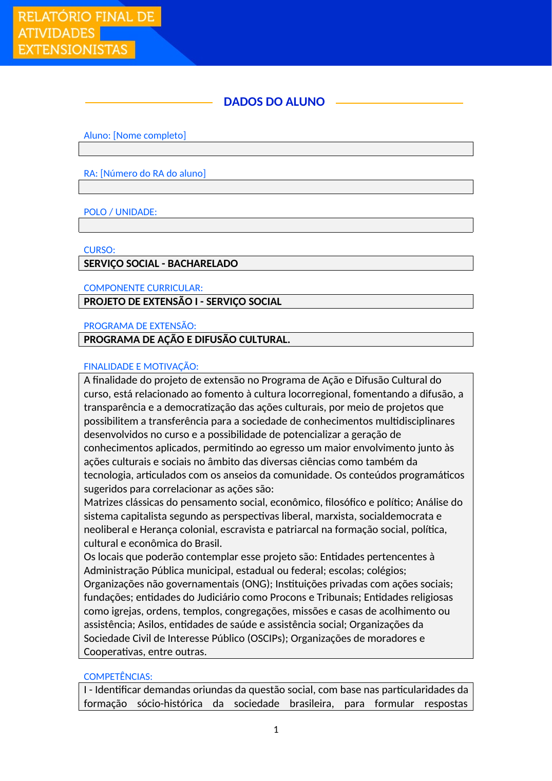 Projeto de Extensão I - Serviço Social (Bacharelado)