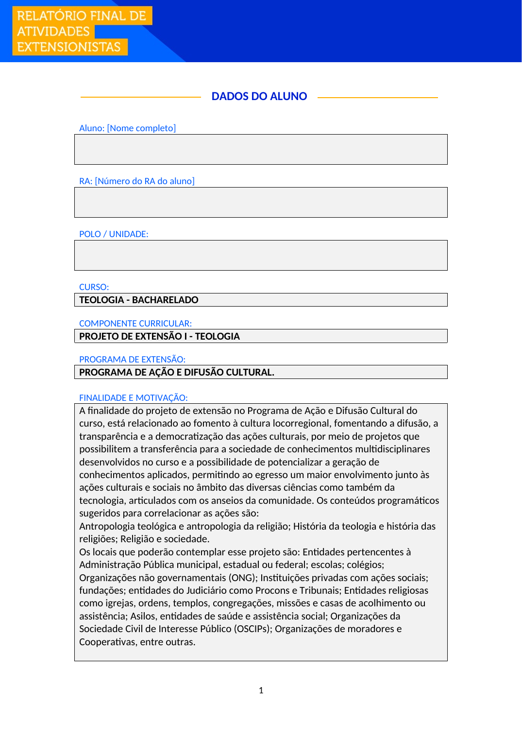 Projeto de Extensão I - Teologia (Bacharelado)