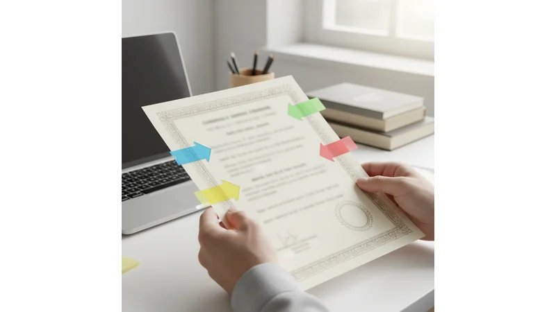 Exemplo visual de certificado válido com dados fictícios, com setas e destaques apontando para cada informação obrigatória: nome, CPF, título, carga horária, data, assinatura, CNPJ