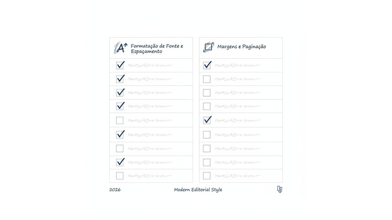 Checklist visual em formato de tabela ou infográfico mostrando todos os itens ABNT para verificação