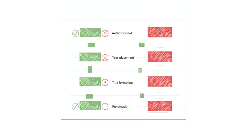 Comparação visual lado a lado mostrando 4 referências (livro, artigo, site, tese) com versão correta e incorreta, com anotações destacando os erros