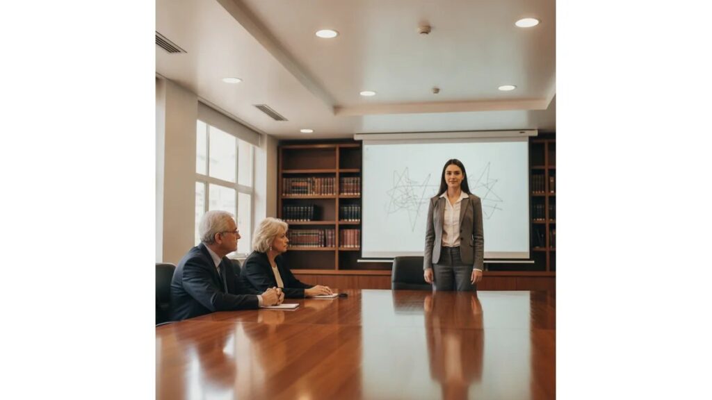Estudante universitária apresentando Como Apresentar o TCC com confiança na frente de uma banca examinadora em sala de defesa bem iluminada, demonstrando postura segura e contato visual