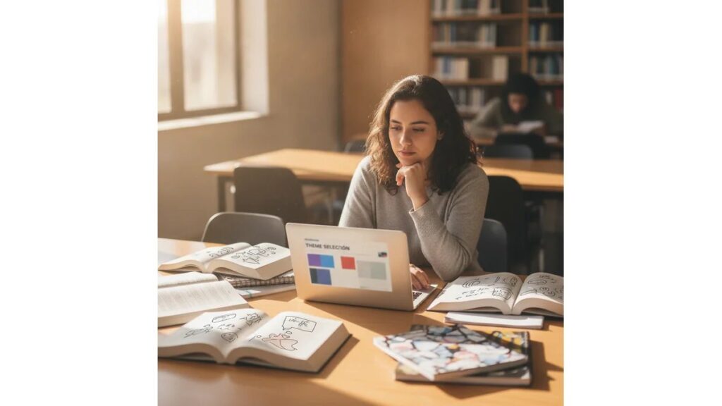 Estudante universitária analisando como escolher tema de TCC em biblioteca moderna com livros e notebook