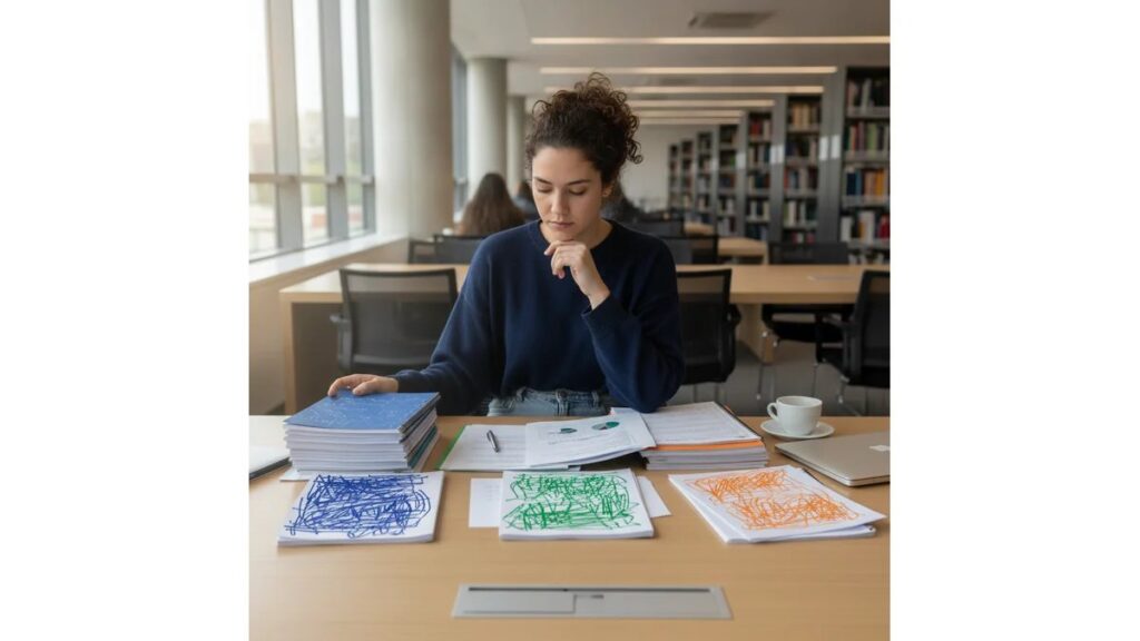 Estudante universitária organizando Como Estruturar um TCC em três pilhas coloridas representando estrutura de trabalho acadêmico