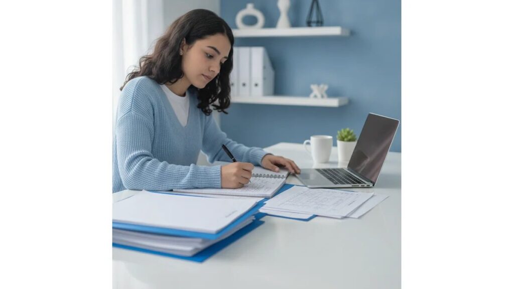 Estudante universitária organizando Como Fazer Anexos ABNT em mesa de trabalho moderna