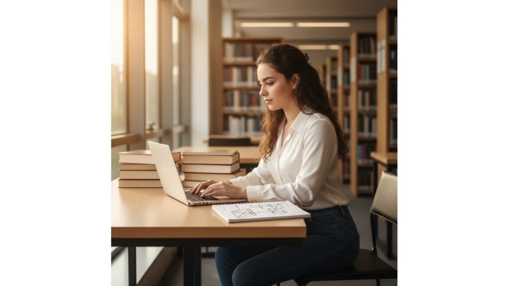 Estudante universitária brasileira concentrada aprendendo como fazer um artigo científico, digitando no laptop em biblioteca moderna com livros e caderno de anotações ao redor