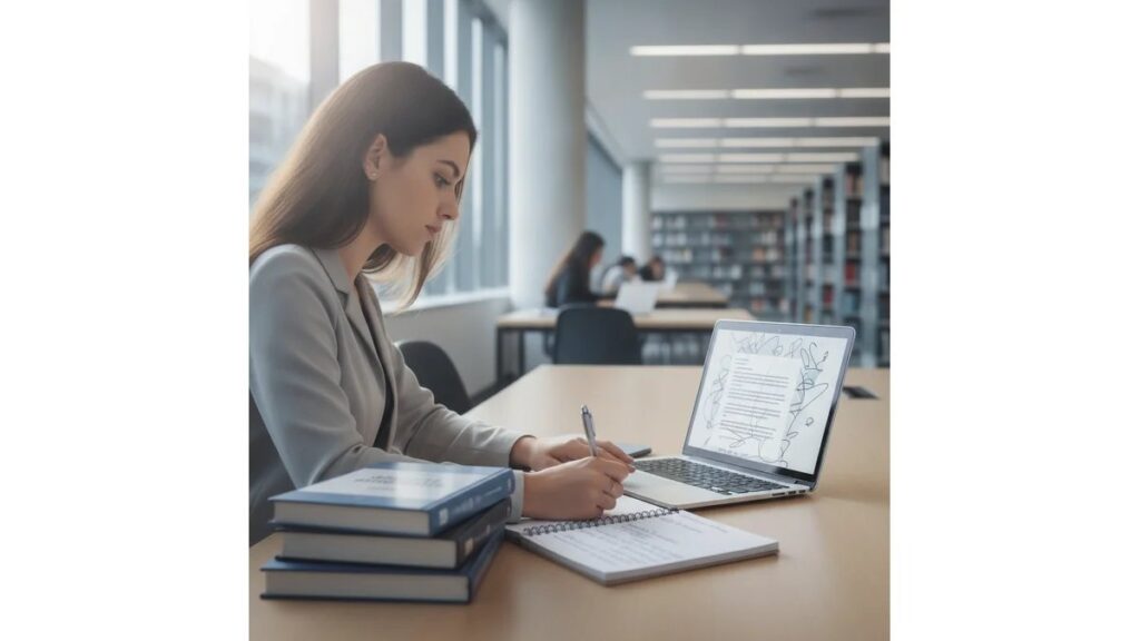 Estudante universitária aprendendo Como Fazer Artigo Científico em biblioteca moderna com computador e livros acadêmicos