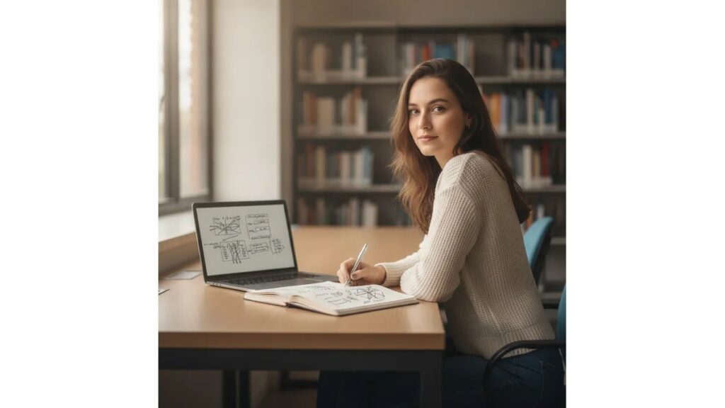 Estudante universitária consultando Como Fazer Citação ABNT de Site em laptop na biblioteca, com notebook aberto ao lado