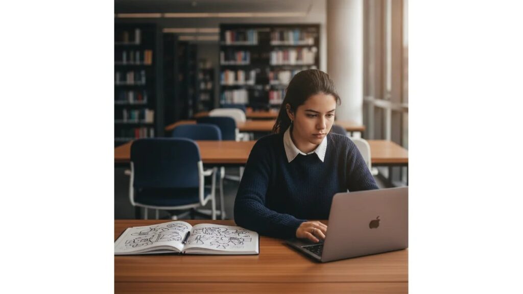 Estudante universitária finalizando conclusão de TCC em biblioteca moderna com laptop e caderno aberto, demonstrando como fazer conclusão de tcc com profissionalismo