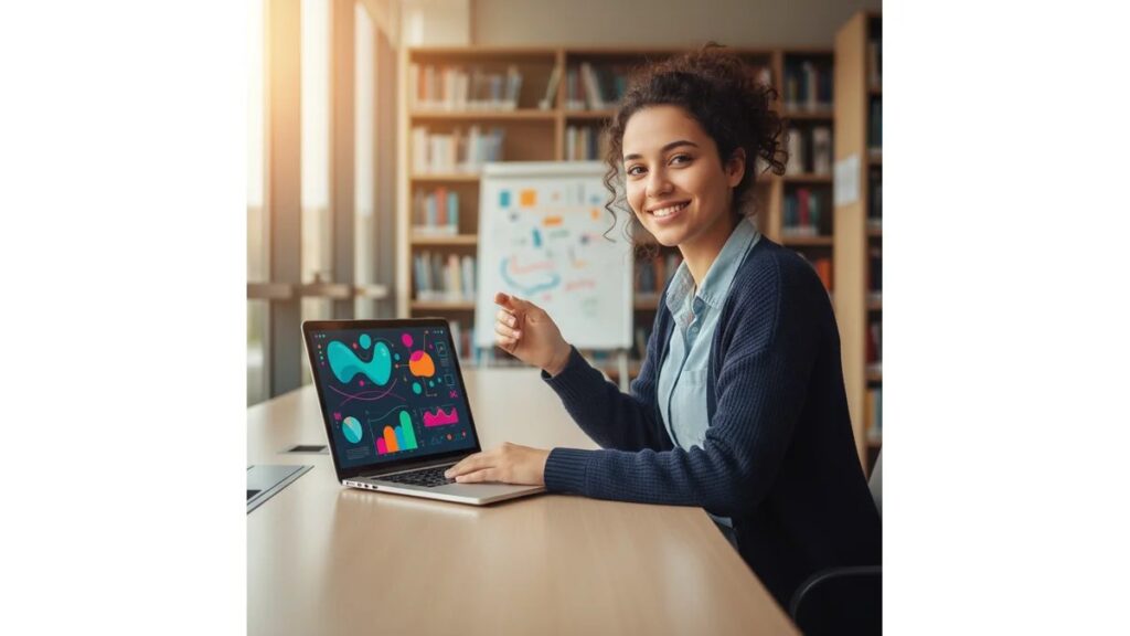 Estudante universitária sorrindo enquanto aprende em como fazer Currículo Lattes no notebook em ambiente acadêmico moderno e iluminado